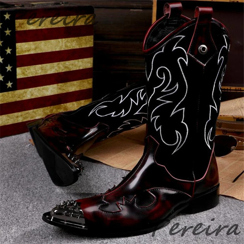 British Style Retro Wine Red Men's Boots Fashion Embroidered Rivet Pointed Toe Slip-On Western Cowboy Boots Autumn Leather Shoes