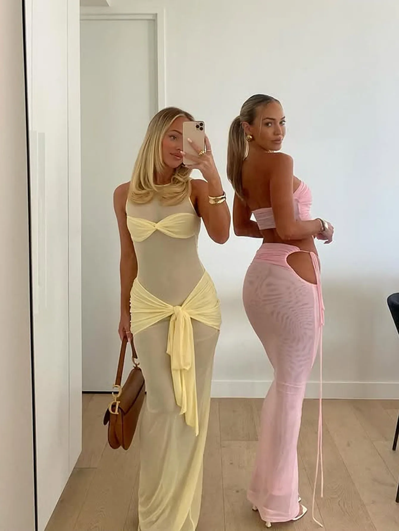 فستان نسائي طويل شبكي شفاف أصفر شاحب مع خصر ملتوي من الأمام وربطة عنق ذاتي، العودة إلى المدرسة، فساتين الخريف للنساء