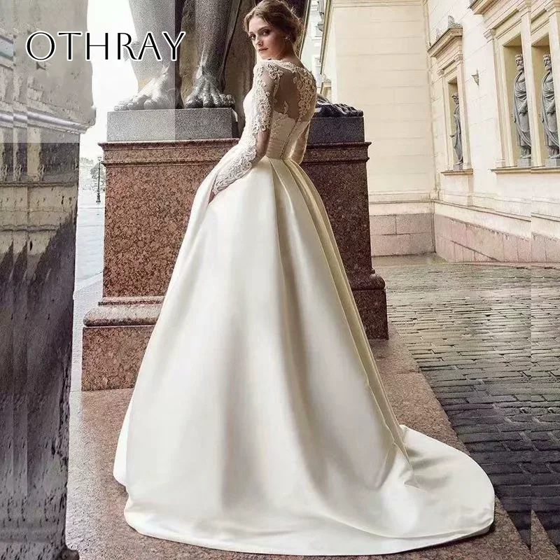 O-neck A-line Bridal Wedding Gowns Appliques Long Sleeves Buttons Satin Sweep Train Customized свадебное платье