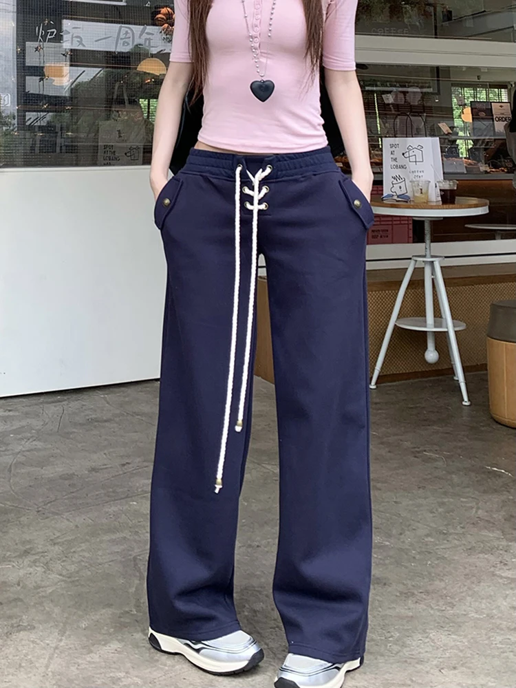 Vintage Wide Leg Pants Women Loose Casual Lazy Wind Bandage Sports Trouser High Waist Preppy Retro Student Straight Sweatpants