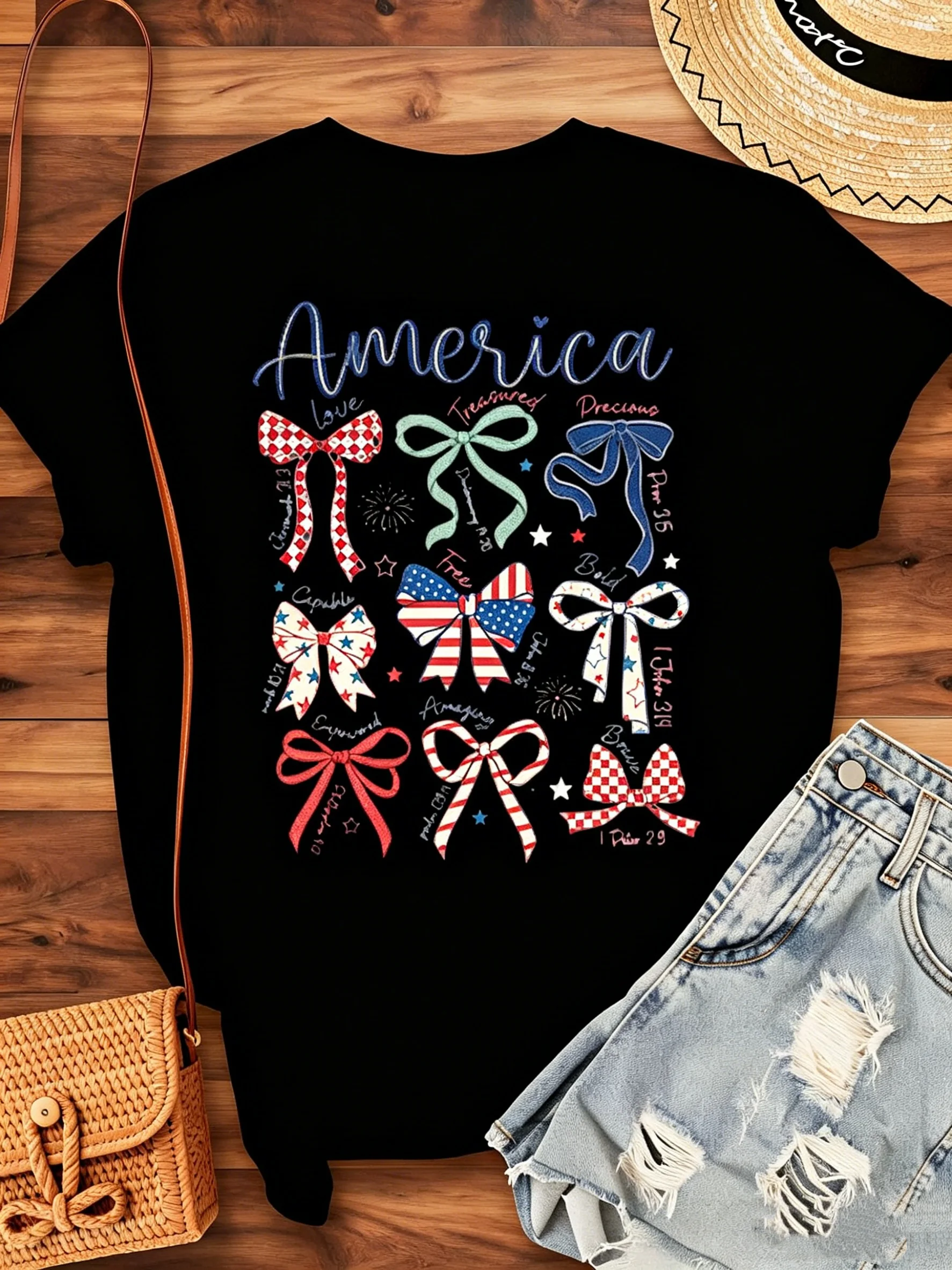 Plus Size Women Patriotic T Shirt Assorted Coquette Bow America Letter Print Pure Cotton Crew Neck Short Sleeve Graphic Tee 1776-2026 USA Style Suitable for 4th July Holiday Celebration Regular Daily Casual Outfits