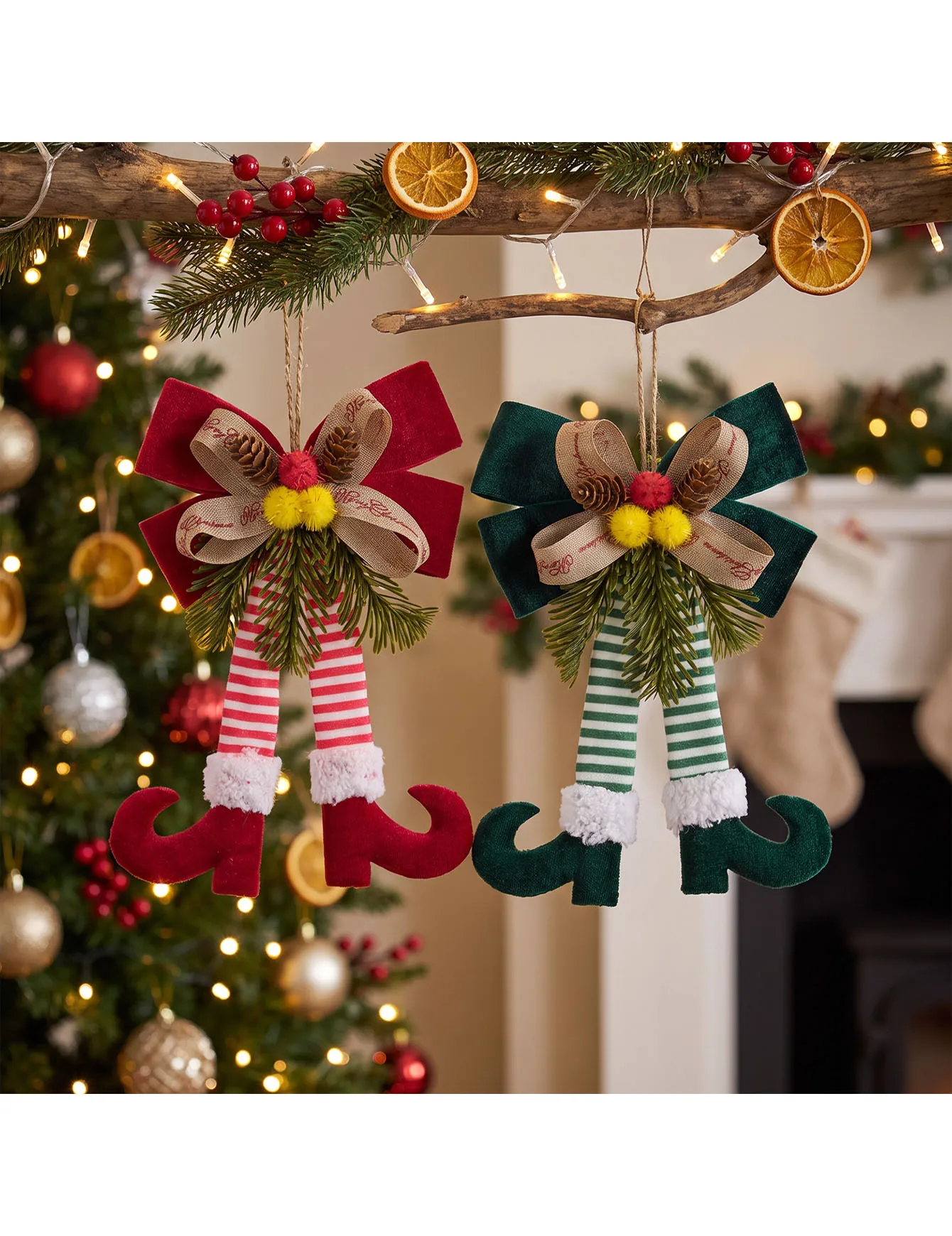 Christmas Pendant Red Green Elf Leg Bow Pendant Striped Pants Bent Pointed Shoes Christmas Tree Scene Decoration