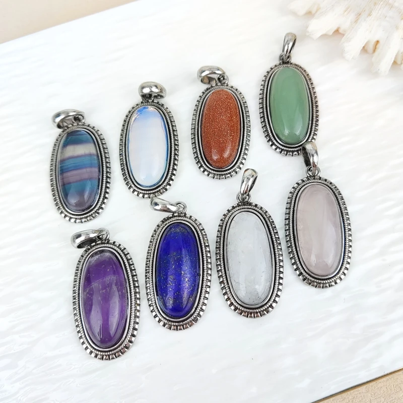 Natural Gemstone Oval Shape Charm Pendant Healing Crystal Fluorite Amethyst Tiger Eye Pendants for Women Neckalce DIY Accessoies