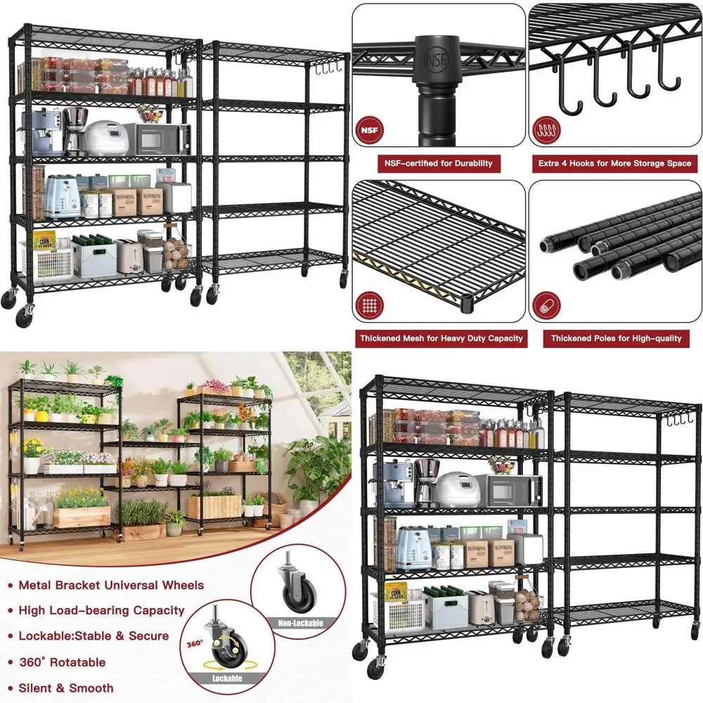 

74-секционный усиленный 5-ярусный стеллаж из стальной проволоки на колесах, грузоподъемность 1250 фунтов, регулируемая передвижная полка для кухни, гаража, кладовой, склада