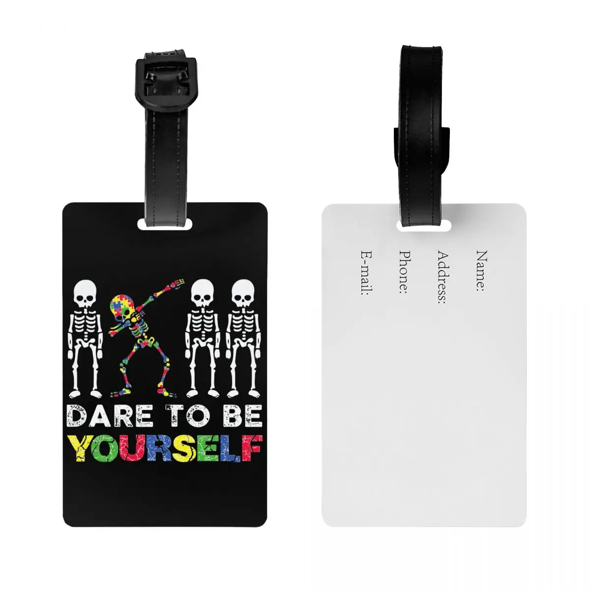 Custom Dare To Be Yourself Skeleton Dabbing Autism Awareness Luggage Tag for Suitcases Baggage Tags Privacy Cover Name ID Card