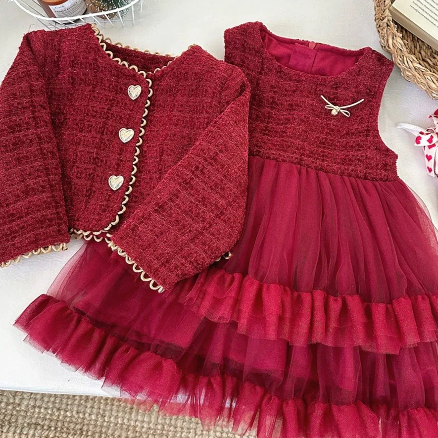 Girls Suit 2026 Autumn And Winter New Childrens Clothes Girls Baby Fashion Velvet And Thick Coat Mesh Lace Sundress Two Sets