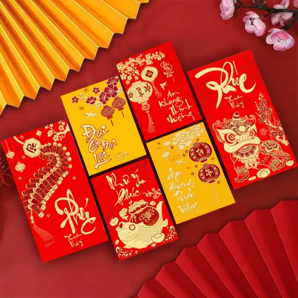 6PCS Vietnam 2025 New Year Red Envelope Best Wishes Blessing Snake Pattern Money Envelope Money Bags Spring Festival