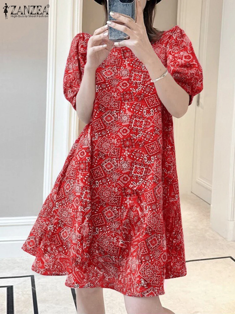 ZANZEA Vacation Puff Sleeve Women Dress Vintage Ethnic Print O Neck Casual Knee-length Vestidos 2025 Summer Elegant Sundress