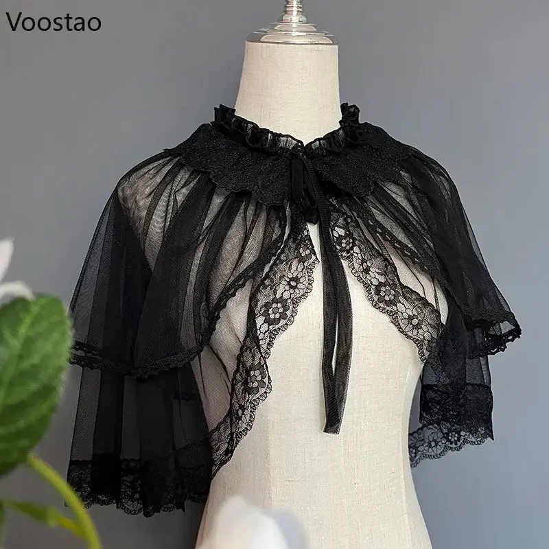Kawaii Lolita Lace Short Cape Coat Sweet Ruffles Mesh Open Front Poncho Women Elegant Shawl Cardigan Top Cute Princess Outerwear
