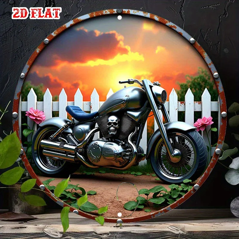 2D Flat - One-Piece 2D Flat Rustic Charm Round Aluminum Sign Measuring 7.8X7.8 Inches, Featuring a Skull Design. This Biker Life