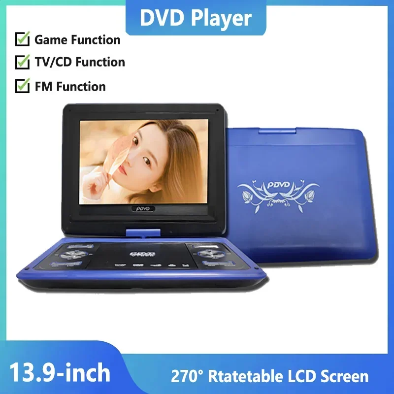 

13.9 inch Portable Mobile DVD Player EVD VCD CD Game TV Player USB Port Swivel Screen with Remote Controller Media Player