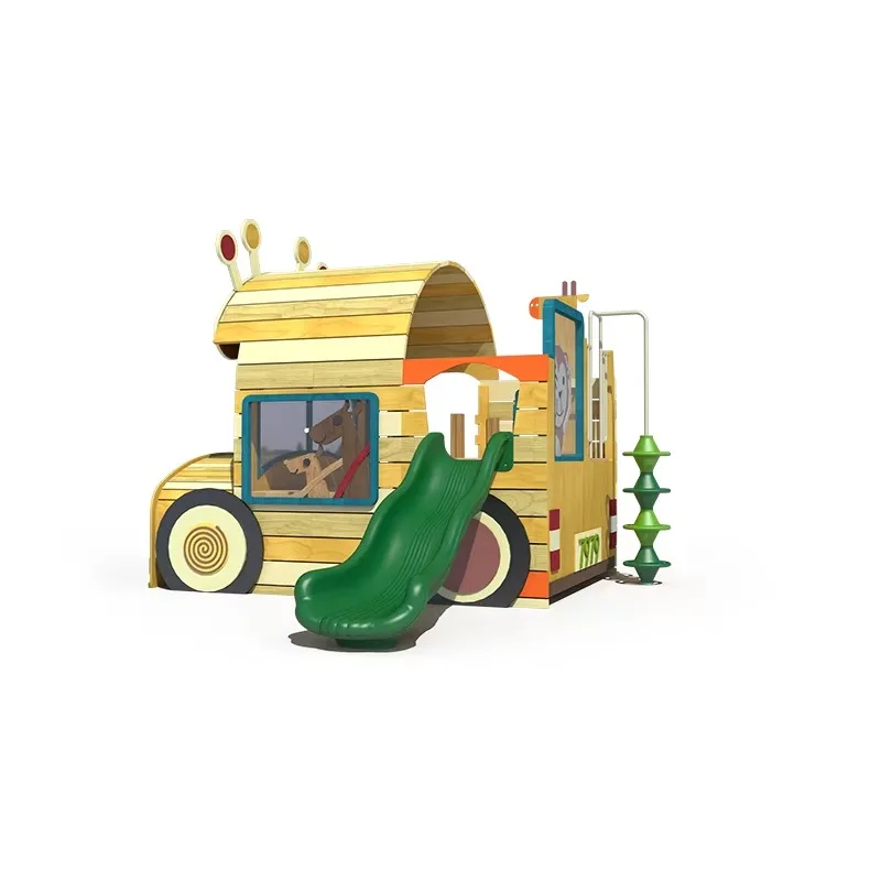 Kids Wooden Bus Playhouse with Slide, Animal Theme Role Play for Nursery