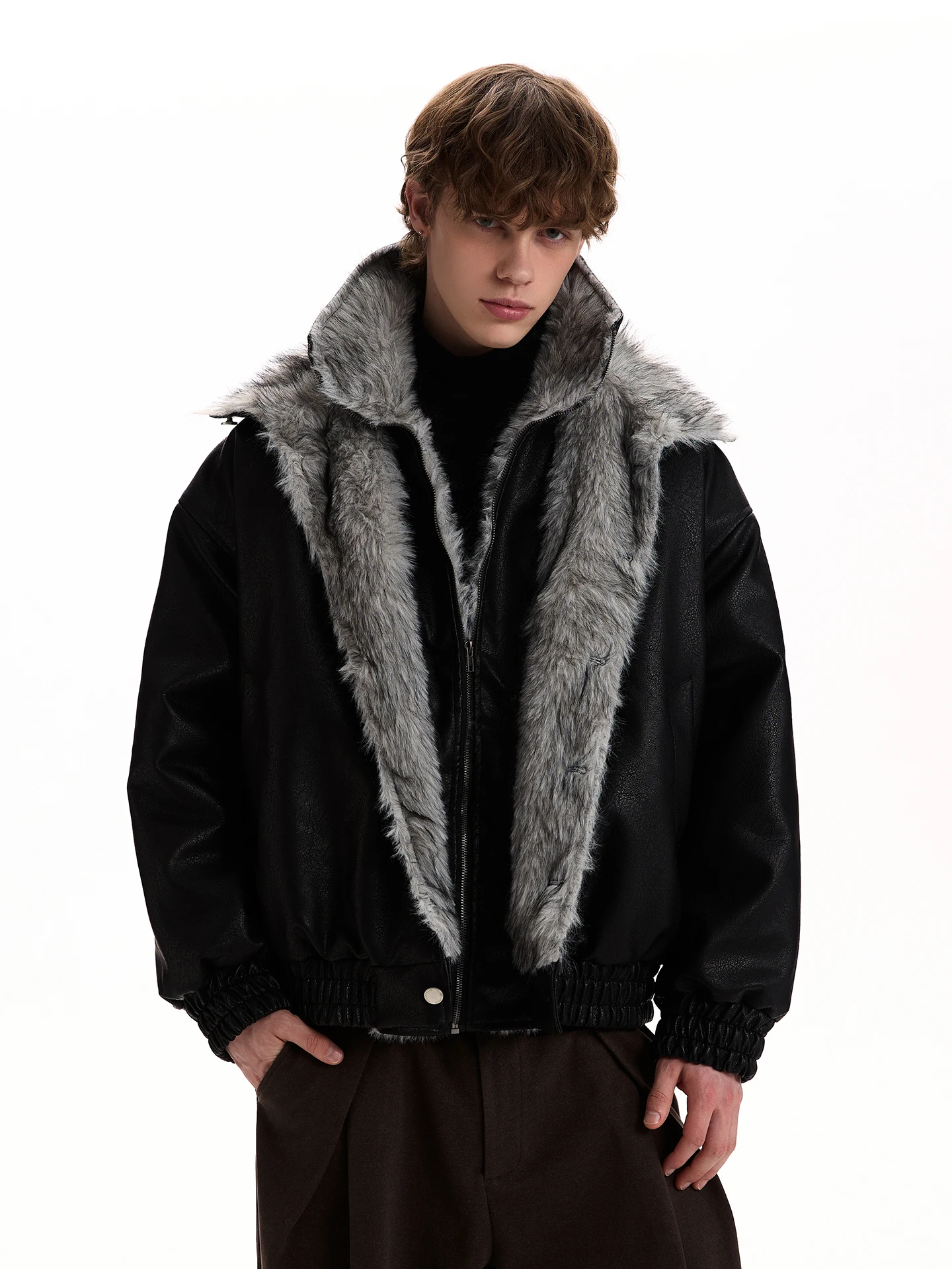 

PUEE Американская ретро двухслойная парка с меховым воротником Jaet Зимняя верхняя одежда свободного покроя Long Sve на молнии C...