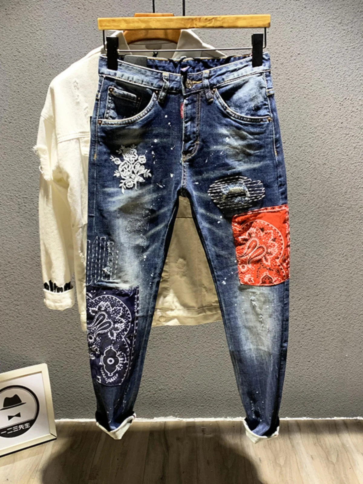

Новые мужские джинсы-слим из хлопка с вышивкой, модные, осенне-зимние, в стиле High Street, молодежные, длинные брюки 2024 года
