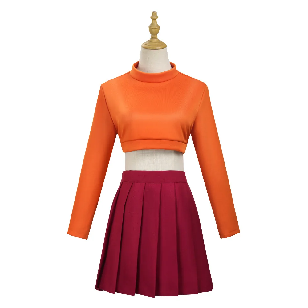 

2026 Anime Velma Seragam Cosplay Kostum Orange Short Skirt Uniform Wanita Oranye Kaus Kaki Rok Atas Halloween Party Carnival Set