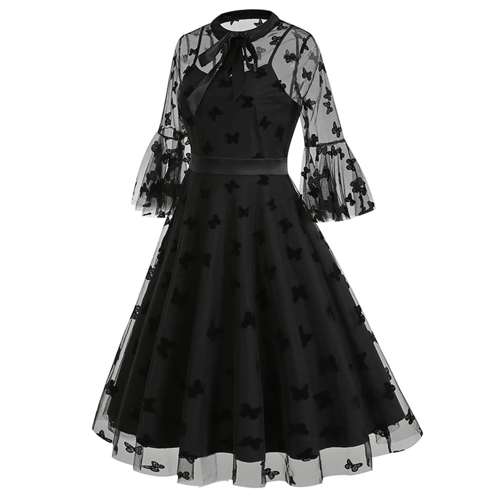 Женское коктейльное платье, прозрачное Сетчатое платье с длинным рукавом и вышивкой бабочки, ТРАПЕЦИЕВИДНОЕ черное платье с рюшами, официальное платье
