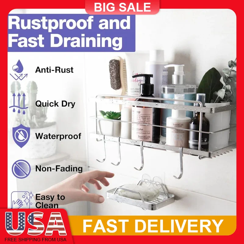 

304 Stainless Steel Shower Caddy with 4 Hooks No Rust, Adhesive Mount, Fast Drain for Bathroom, Kitchen & Entryway Storage