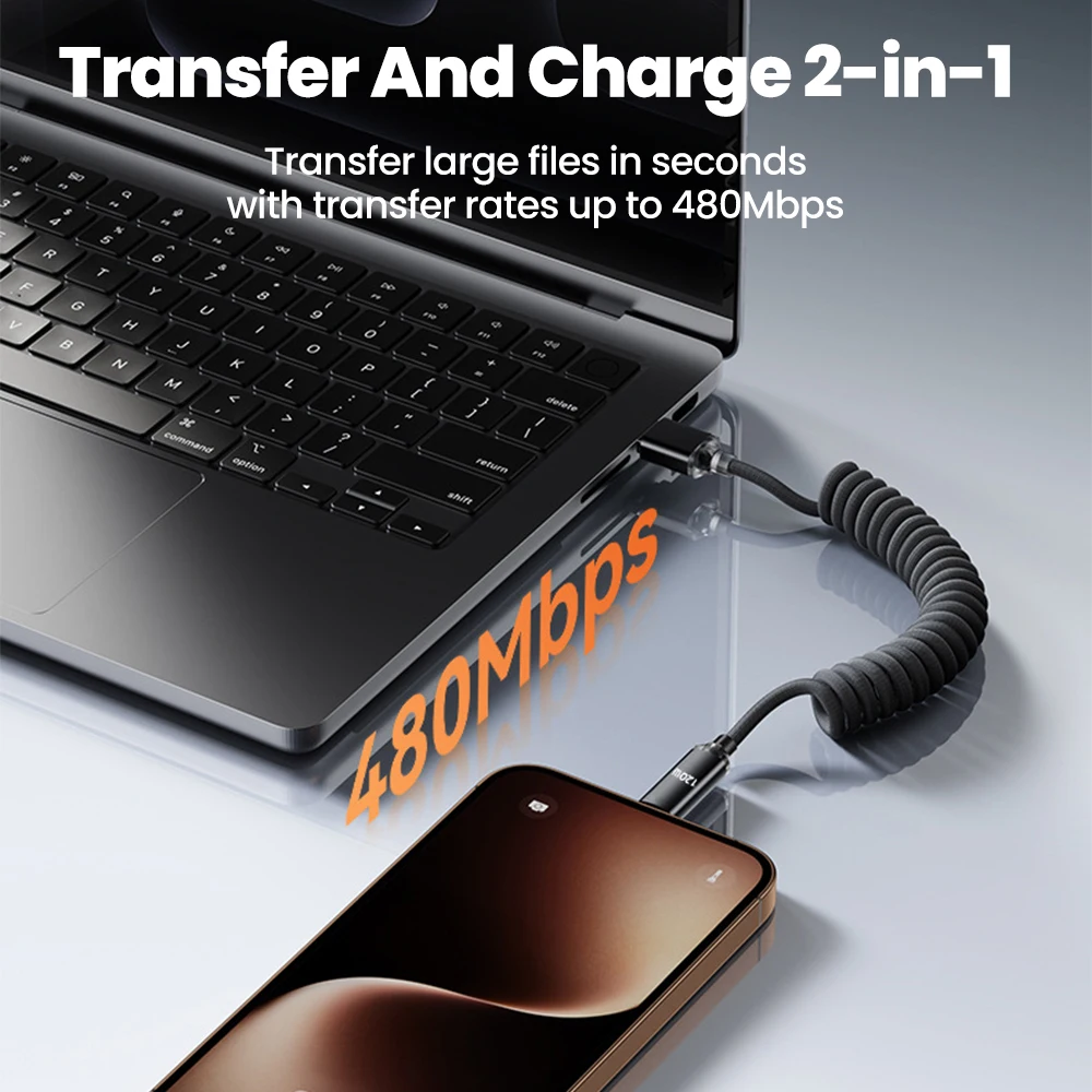 120 واط سيارة الربيع كابل بيانات قابل للسحب USB C إلى نوع C كابل شحن سريع آيفون 15 16 سامسونج شاومي USB نوع C كابل