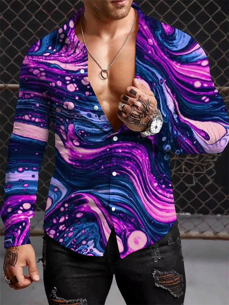 Men's Colorblock Button Shirt Printed Long Sleeve Fashion Casual Holiday Party Street Spring and Summer Lapel Printed Shirt。