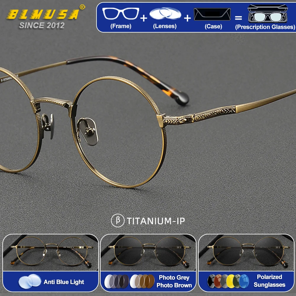 

BLMUSA (S) Men Retro Round Myopia Eyeware Anti Blue Light Pure Titanium Reading Glasses Can Customized Prescription Photochromic