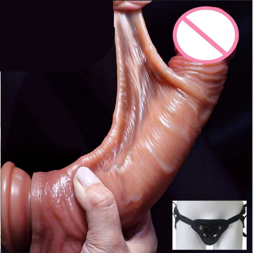 21cm Realistic rubber penis skin strap sliding foreskin testicles vibrator for anal large penis sex toys penis sex toys