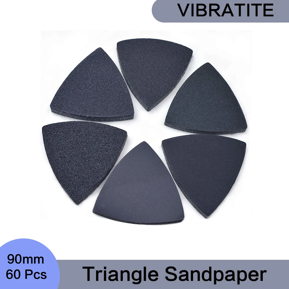 

90mm Triangular Sanding Pads 60 Pcs Hook Loop Triangle Sandpaper Assorted 60/80/100/120/240/400 Grits for Grinding and Polishing