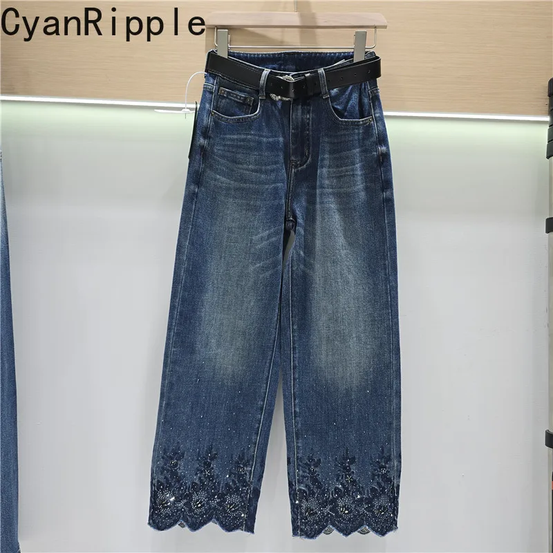 2026 New Autumn Embroidery Hot Diamonds Female Straight Jeans All-match Vintage Solid Color Washed Ankle-length Denim Pants