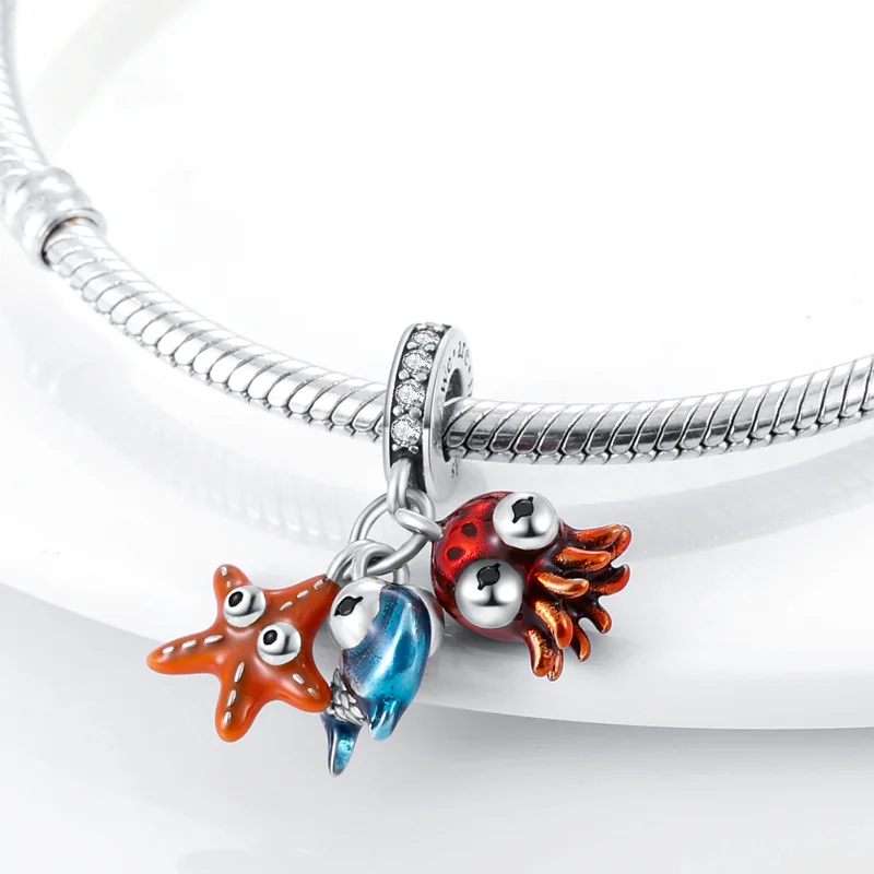 Ciondoli in argento sterling 925 con polpo, tartaruga marina, delfino, zirconi blu oceano, adatti per bracciale originale Pan, gioielli con ciondolo per regalo da donna