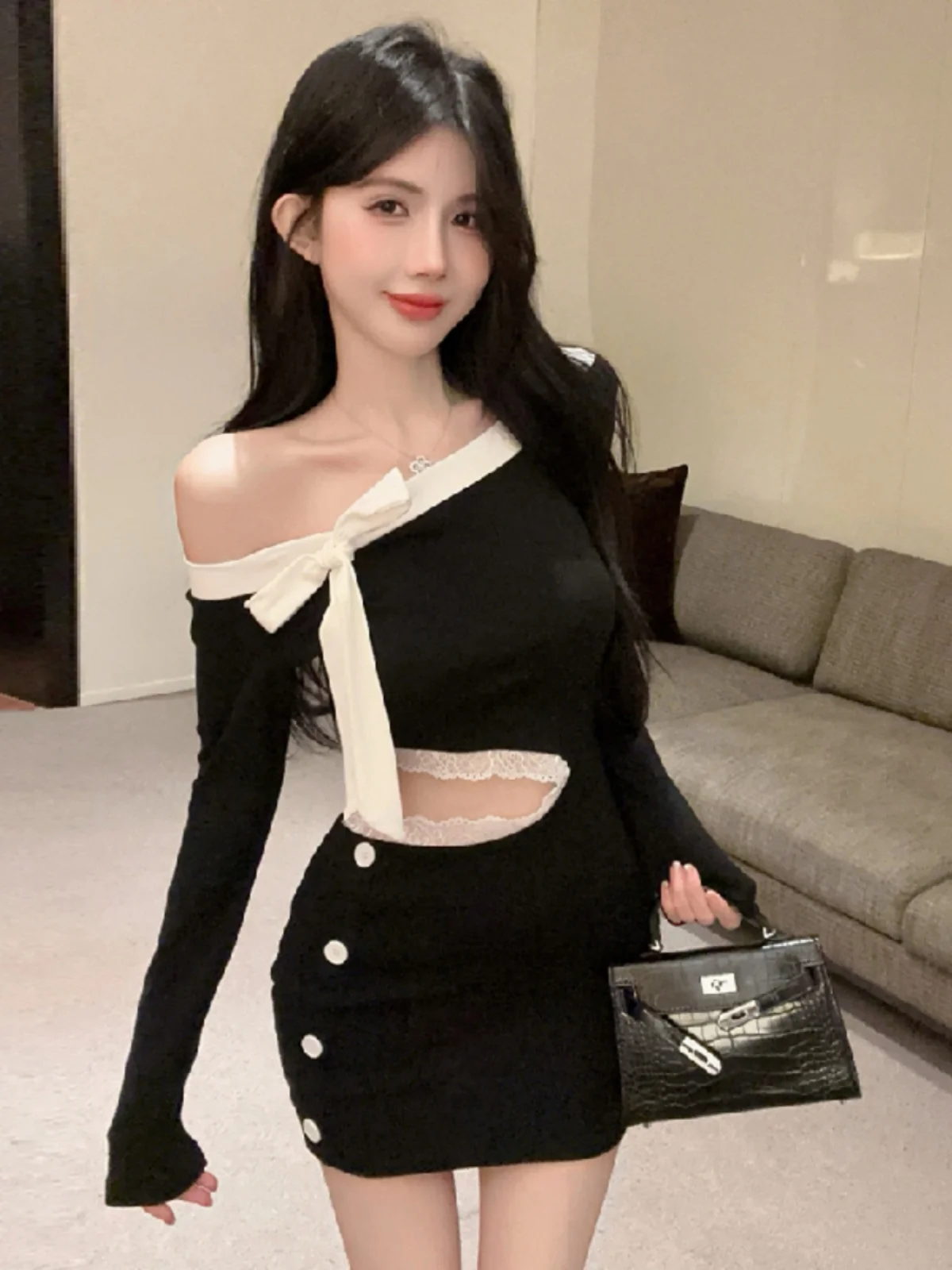 Sexy Jurk Vrouwen Koreaanse Mode Kant Patchwork Boog Off Schouder Slash Hals Mini Jurken Casual Holle Taille Vestidos