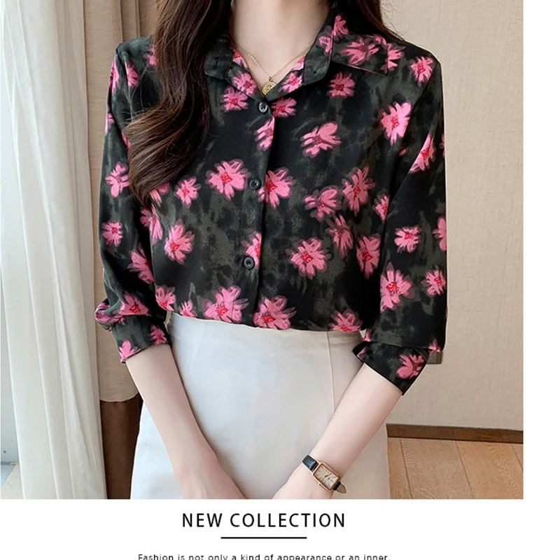 Women Spring Korean Fashion Loose Printing Polo-Neck Long Sleeve Shirts Women Clothes Casual All-match Temperament Trend Tops