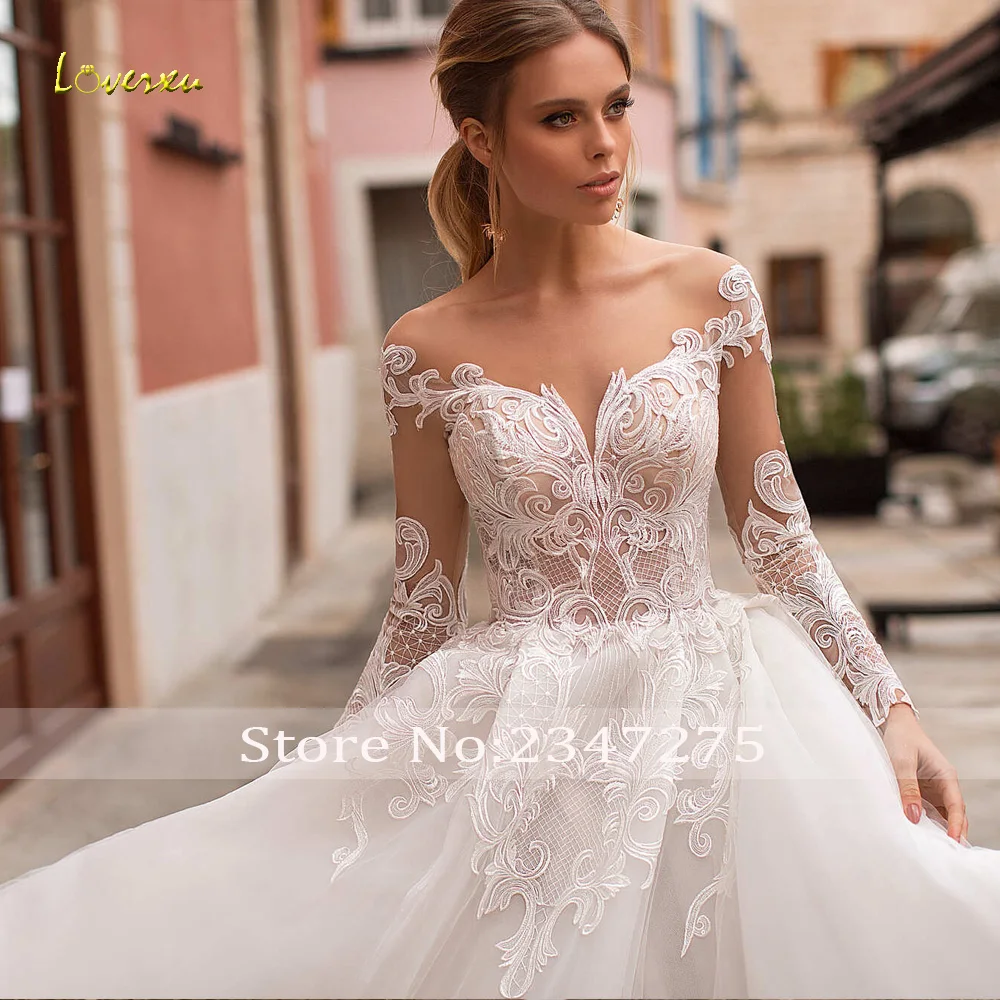 Loverxu A-Line Vintage Wedding Dresses V-Neck Long Sleeve Court Train Robe De Mariee Gorgeous Appliques Custom Made Bridal Gown