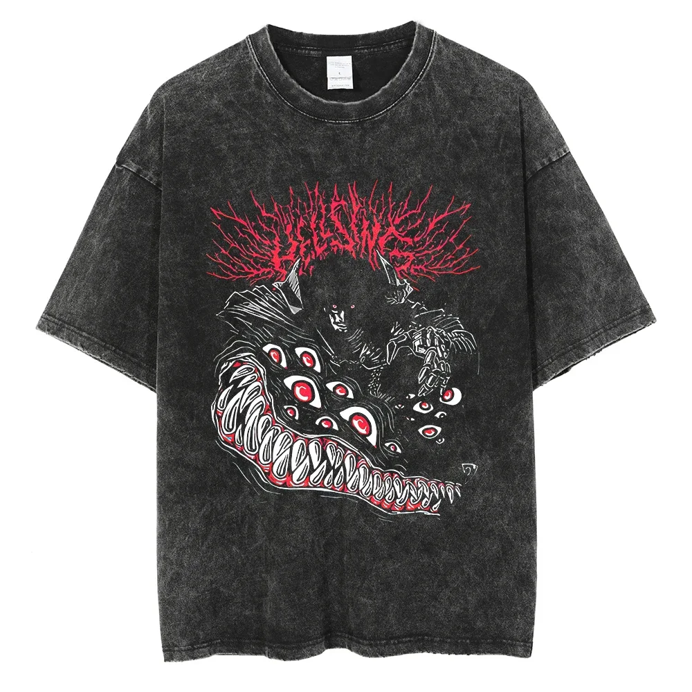Hot Sale Anime Hellsing Ultimate Graphic Print T-shirt Men Women HellsingOVA Retro Washed Cotton O-neck Oversized Summer New Tee
