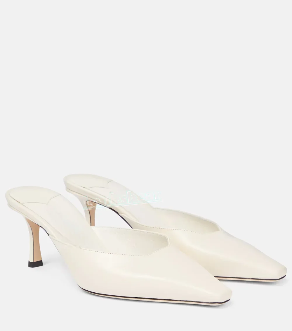 

White Faux Leather Pointed Toe Wome Slippers Thin High Heels Pull-on Mules Summer Outdoors Solid Slip-on Sexy Drrss Shoes