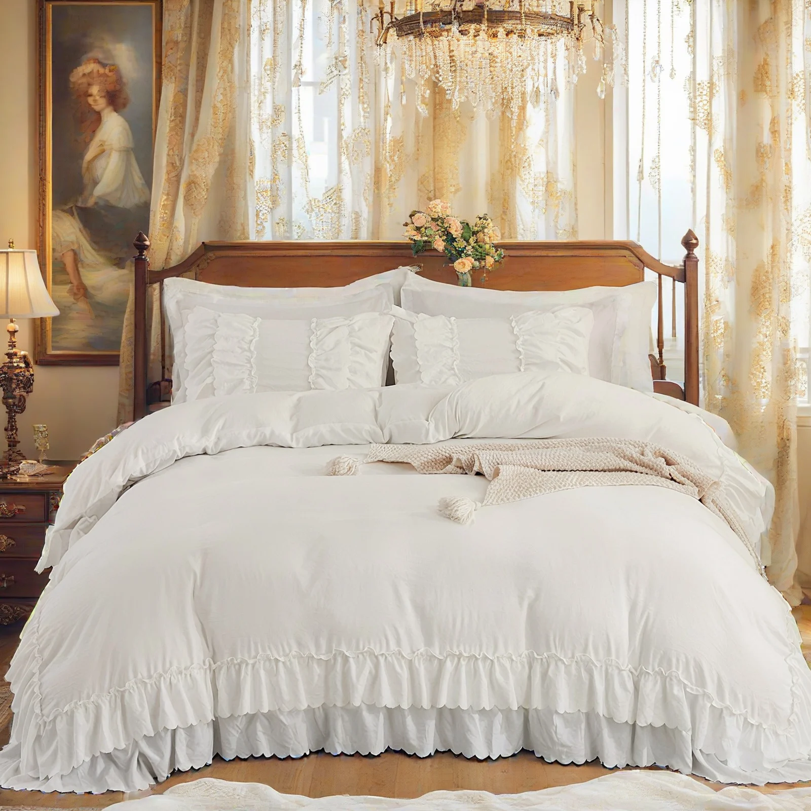 White Ruffle Comforter Set Queen Size,Shabby Chic Boho Bedding Sets, Soft Fluffy Comforter Sets for All Season,Vintage Ruffled 3 Pcs Microfiber Lightweight Quilt Set for Women Girls 200g Microfiber Filling for All Seasons