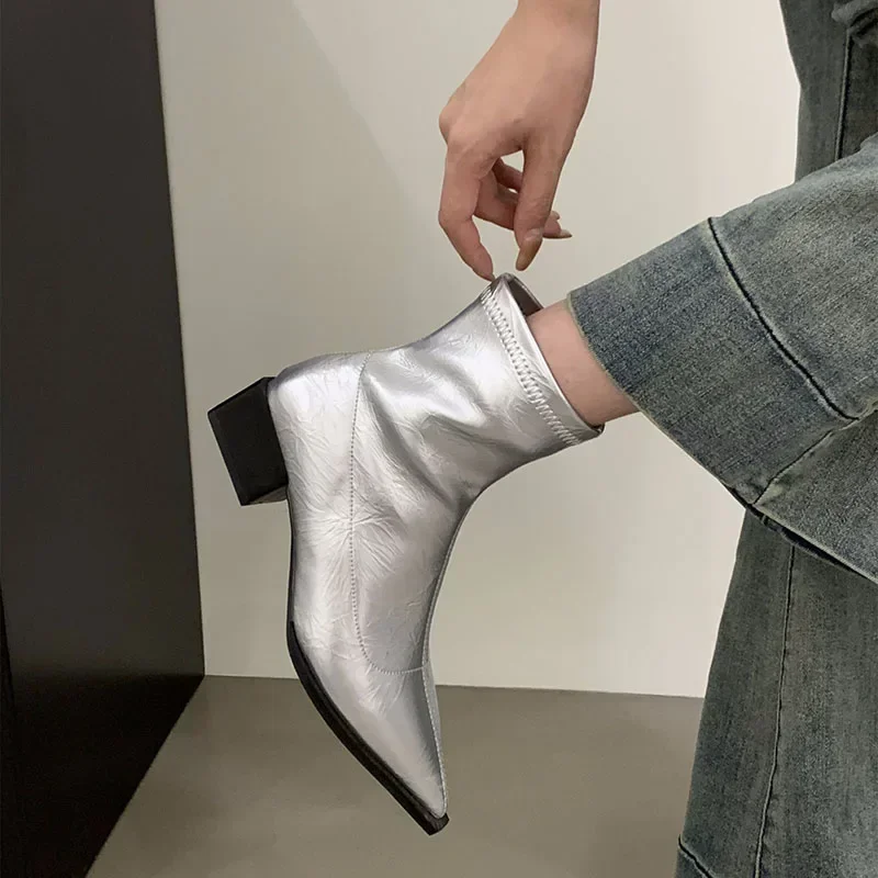 Pointed Toe Women Slim Ankle Boots Fashion Square Low Heel Ladies Elegant Back Zippers Short Booties Women\'s Footwear