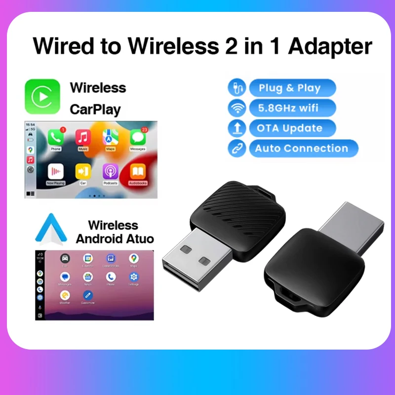 

Wired to Wireless CarPlay Android Auto Adapter Smart Mini Box WIFI BT Auto Connect for OEM Car Stereo With USB Plug and Play