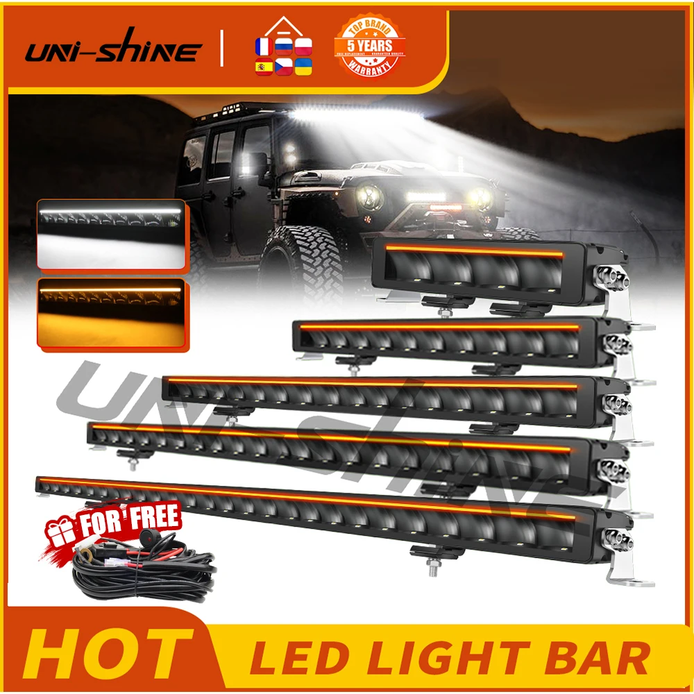 UNISHINE mince 10-50 pouces barre lumineuse LED 6000K avec ambre DRL 600W barre lumineuse de travail 4x4 tout-terrain pour voiture camions ATV 4WD 12V 24V