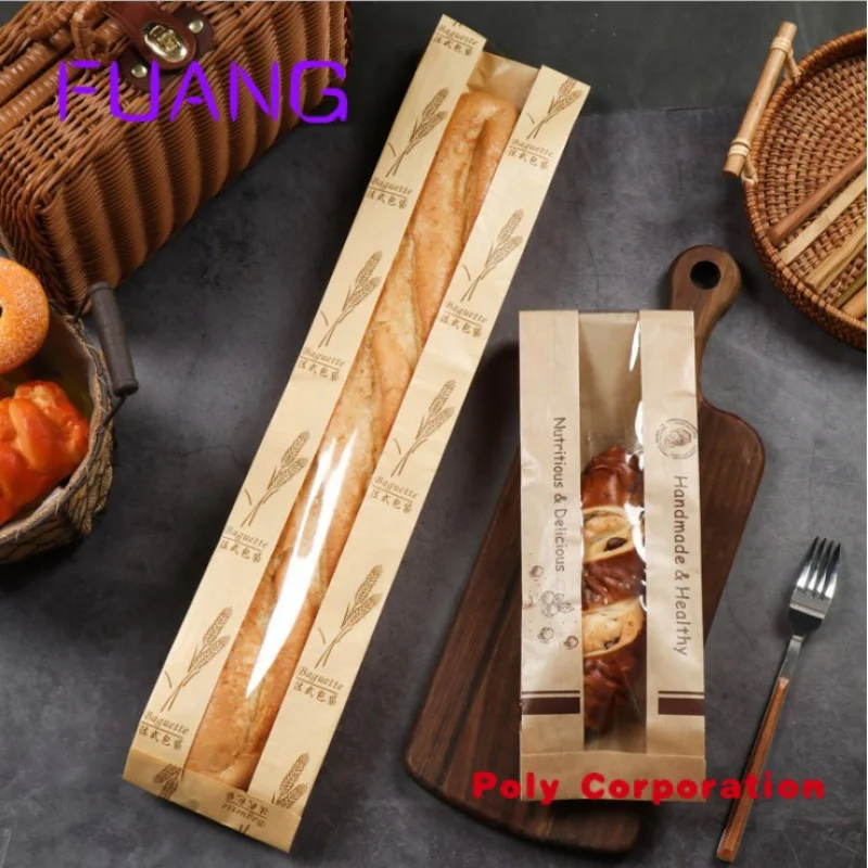 Custom  Baguette Loaf Bag Food Fresh Packaging Kraft Paper Bread Bags 50 with Clear Window and Seal stickers