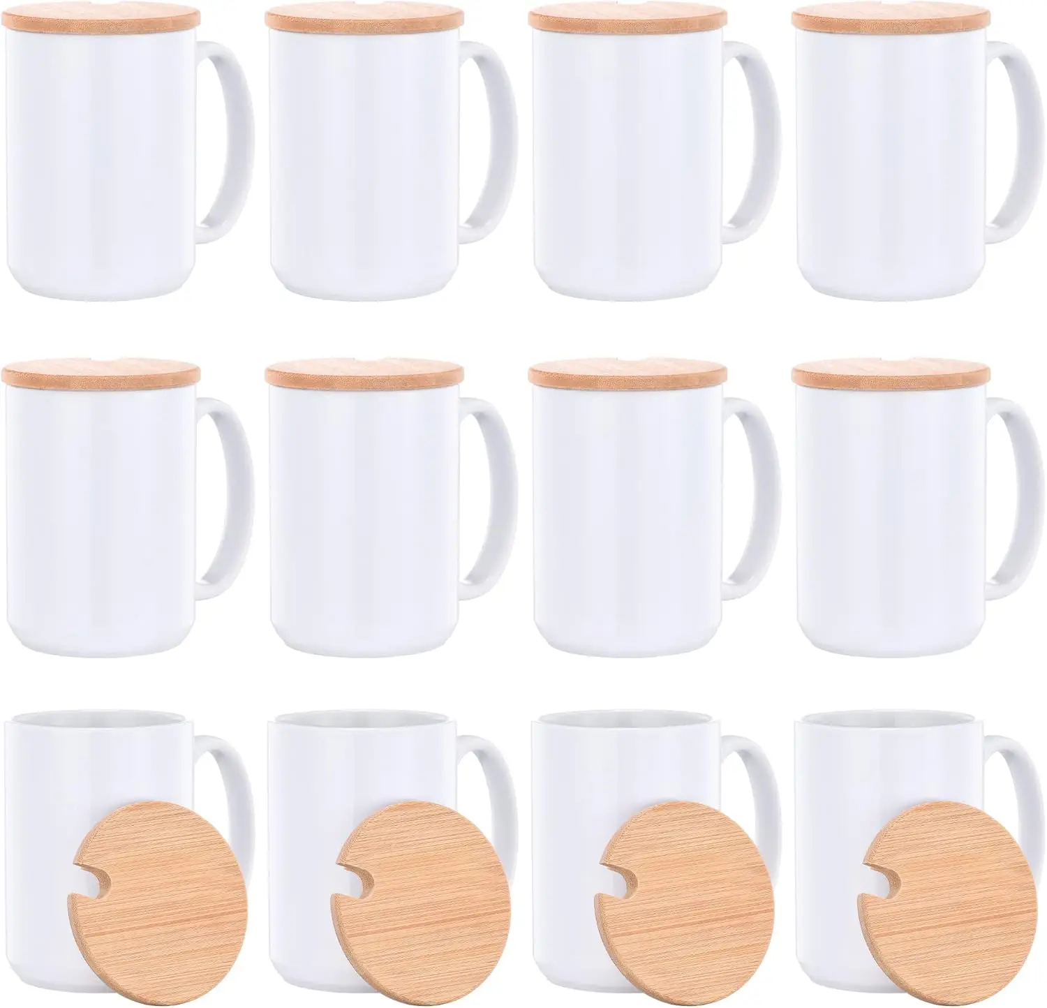 

15 oz Sublimation Mugs with Bamboo Lid Ceramic Coffee Cups Set of 12 for Custom Designs
