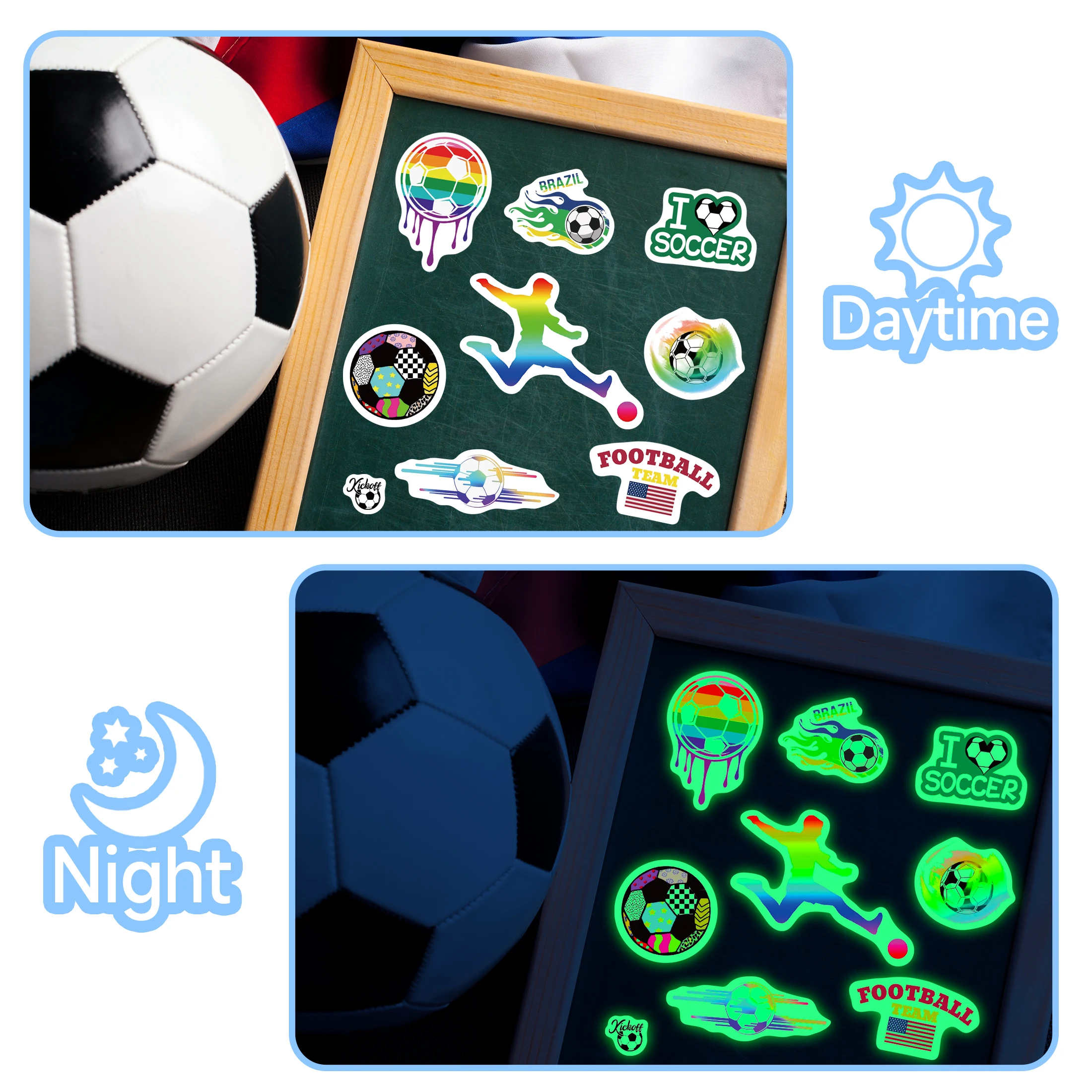 50pcs Glow In The Dark Football Stickers, Vinyl Water Bottles Luggage Waterproof StickersFootball Team Gifts for Kids Teens