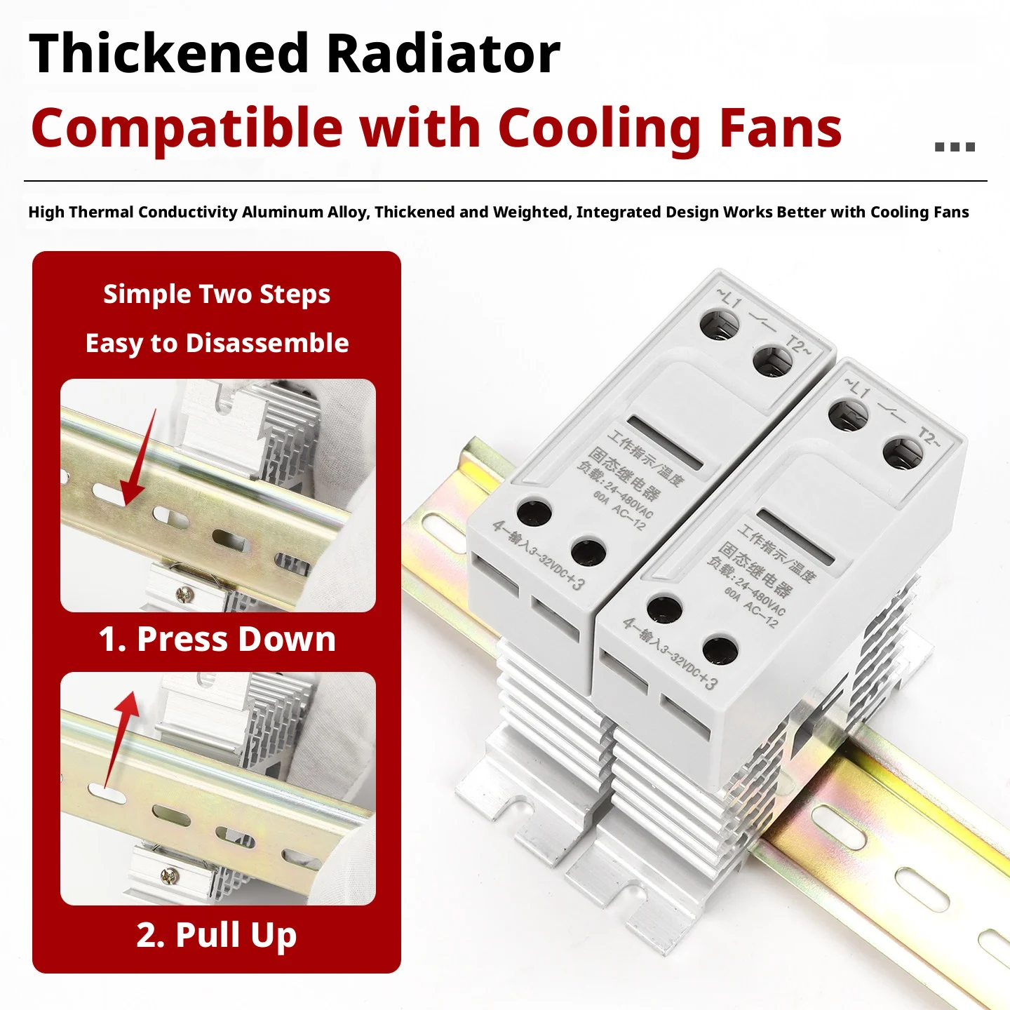 Ultra-Compact SSR 10-100A, Aluminum Heat Sink, Tool-Free DIN35 Clip, Status LED, for Motor/Heater/Lighting