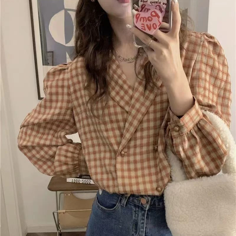 2024 Women Trendy Vintage Plaid Print Double Breasted Shirts Notched Neck Y2K Chic Blouses Female Casual Long Sleeve Loose Tops