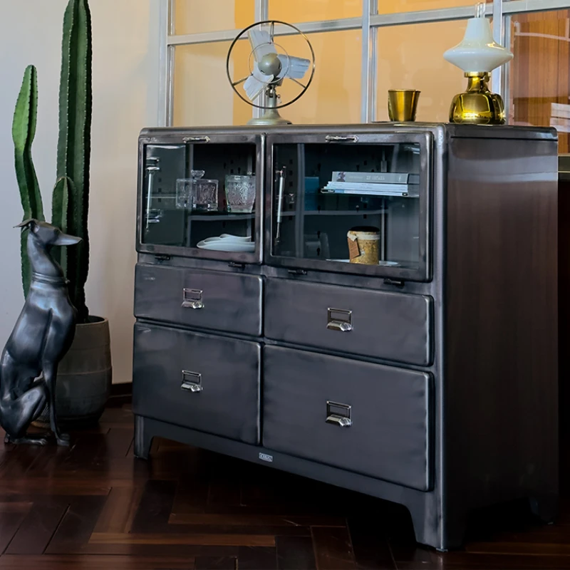 Double glass door wine cabinet, metal dining edge cabinet, storage and organization cabinet