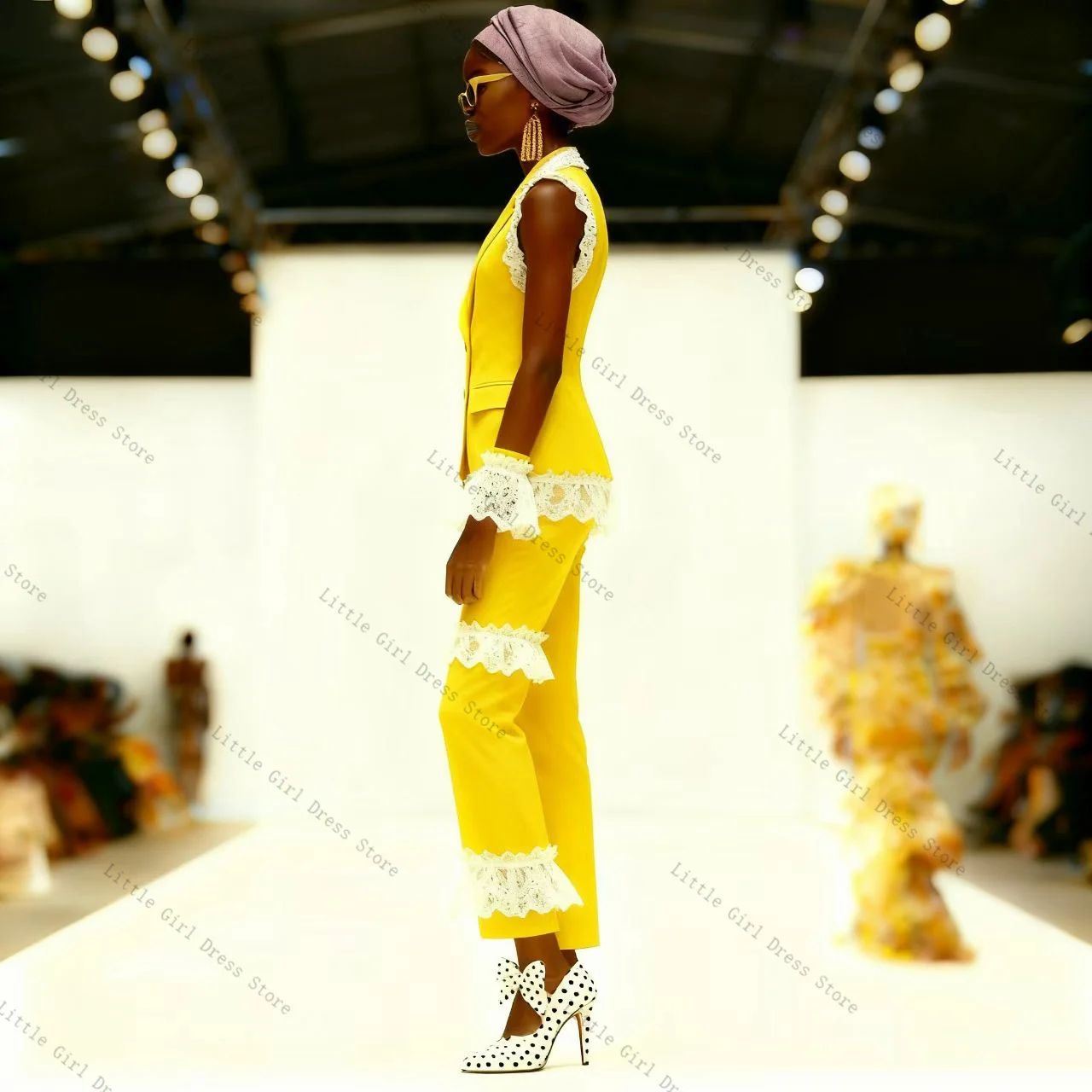 Conjunto de traje de encaje amarillo y blanco para mujer, chaleco de 2 piezas, pantalones, chaqueta Formal sin mangas para oficina, abrigo de boda para graduación personalizado