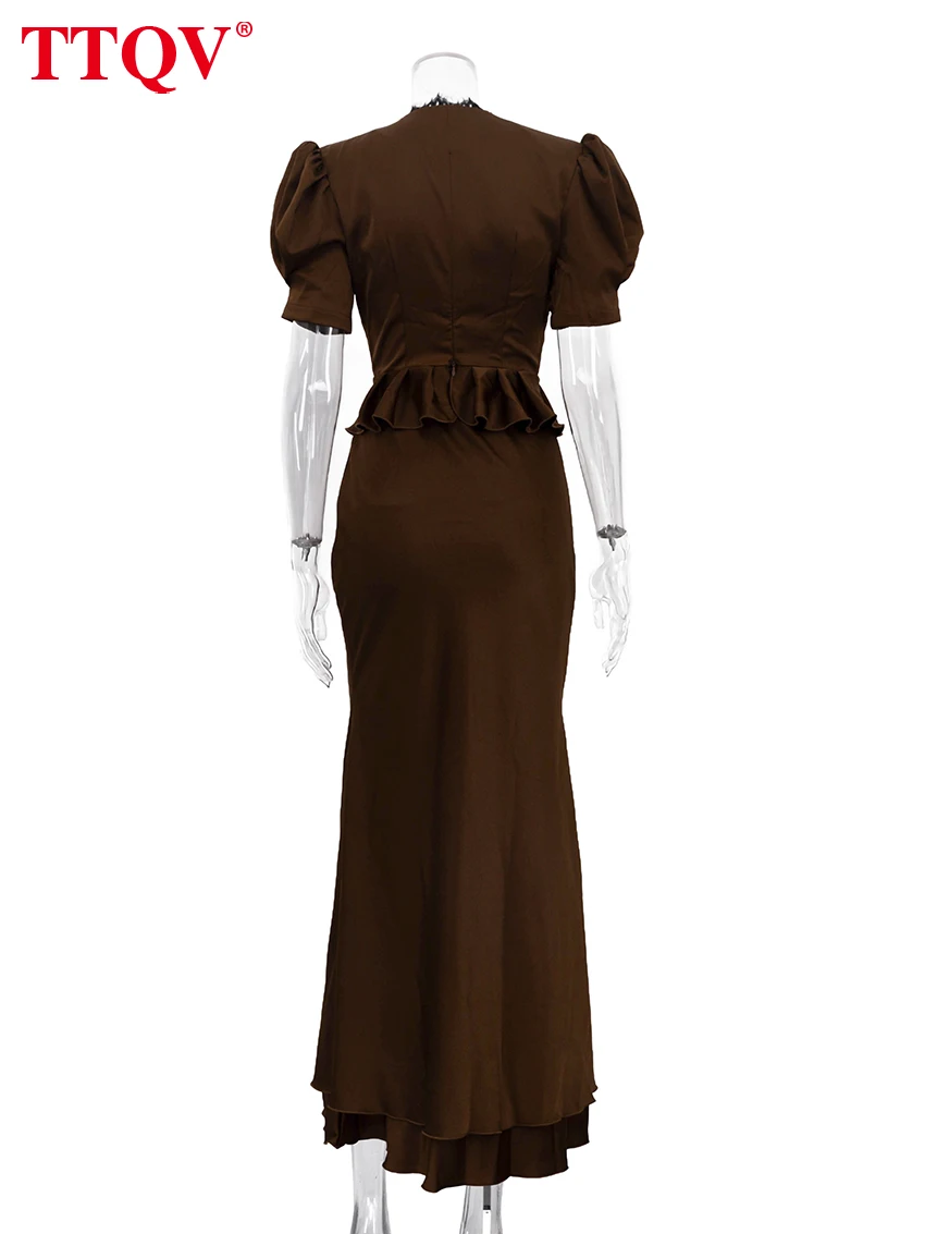 TTQV Summer Slim Brown Satin Women's Two Pieces Set 2026 Sexy Short Sleeve Shirt With High Waist Maxi Skirt Set Female Clothing image 6