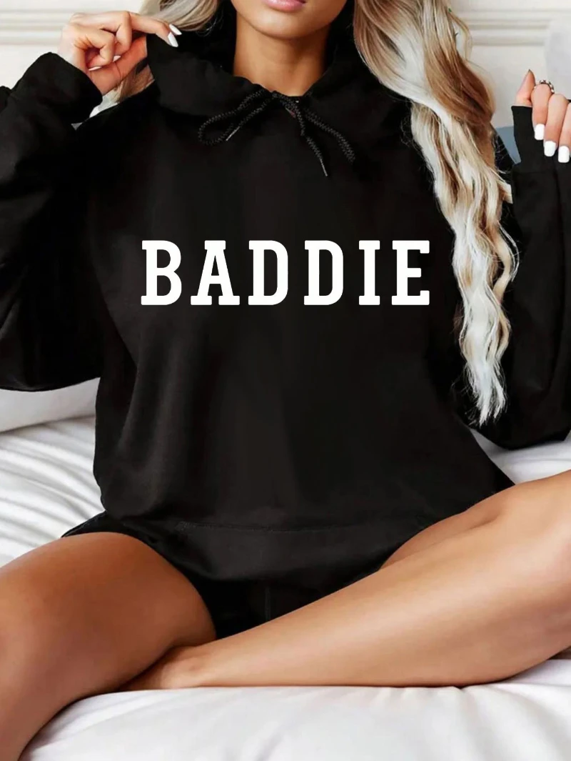 

2025 Autumn and Winter Women's 'baddie' Black Hoodie White Letter Print Soft High-end Luxury Is for Both Men and Women Top Y2k