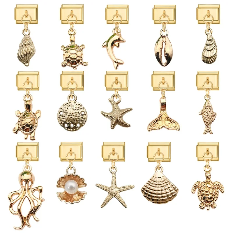 Vintage Golden Sea Shell Conch Starfish Dolphin Turtles Pendant Bead Fit 9mm Italian Charm Bracelet Stainless Steel DIY Making