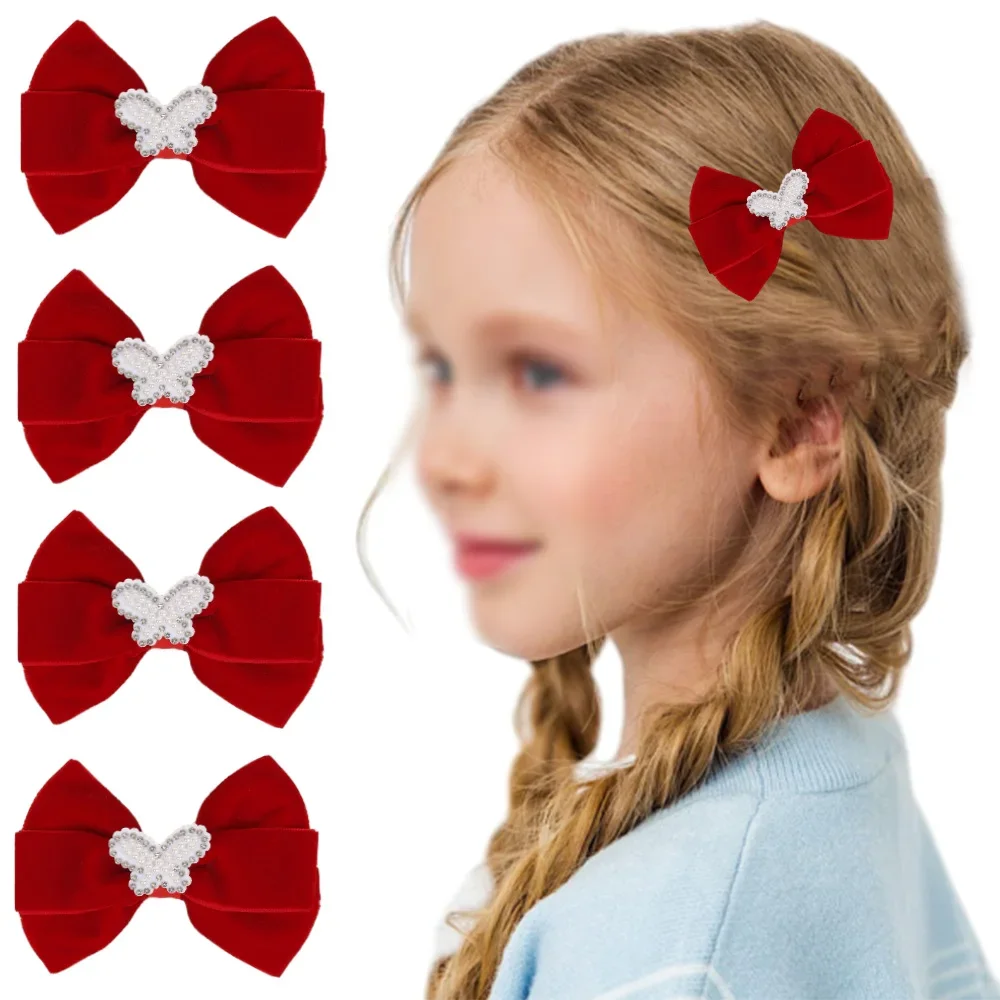 ncmama 2PCS Velvet Pearl Butterfly Hair Clip for Little Girls Burgundy Velvet Bowknot Hairpins Kids Barrette Hair Accessories