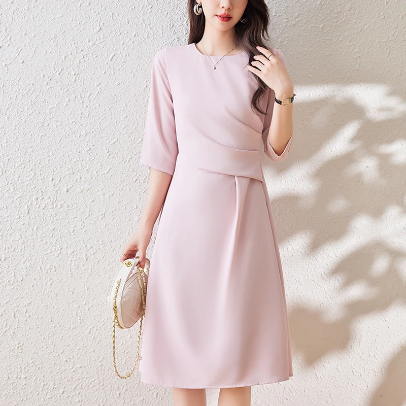 EHQAXIN 2024 Summer New Women's Dress Fashionable Pink Casual French Pinched Pleated Middle Sleeve A-Line Dresses Ladies S-2XL