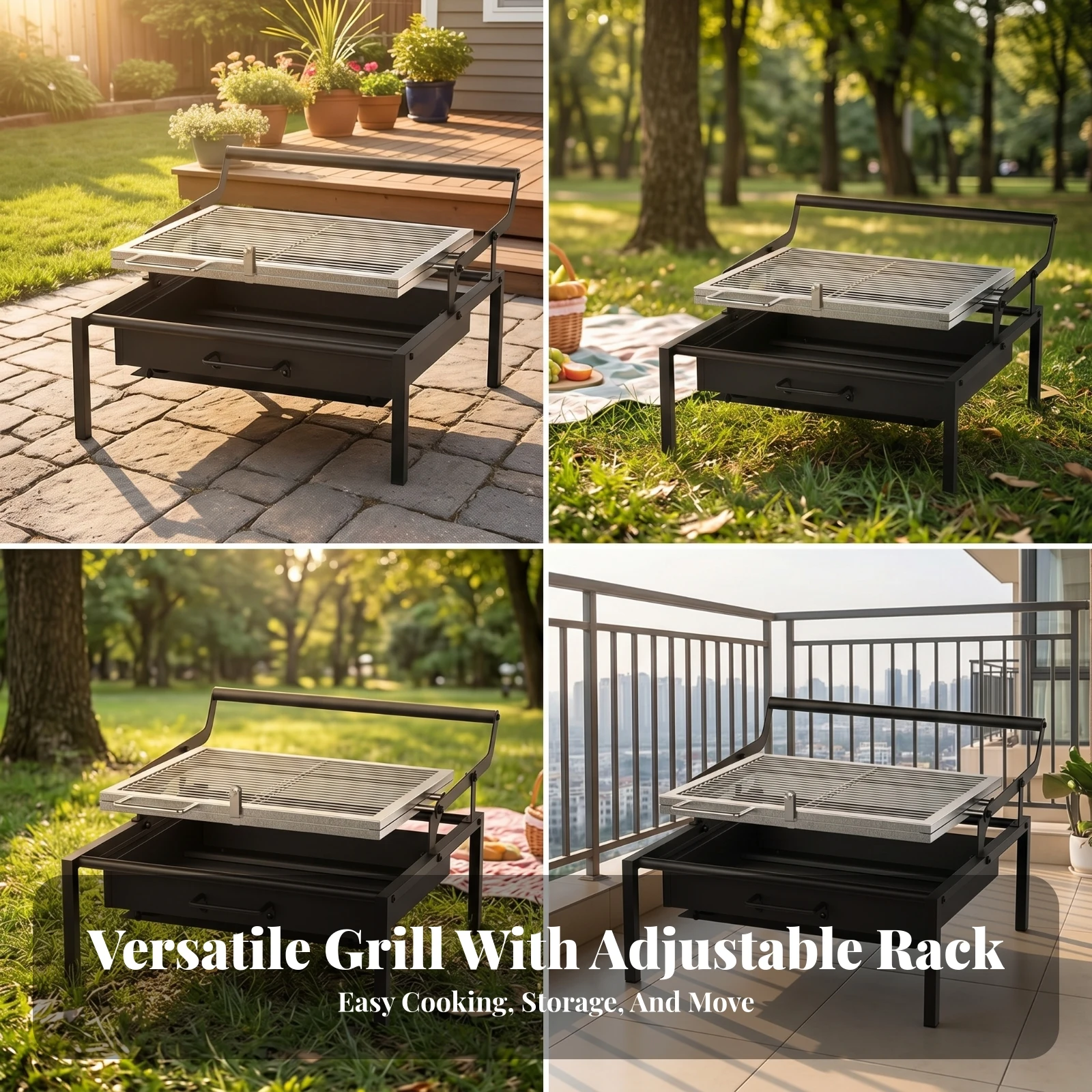 Portable Folding Charcoal Grill Heat-Insulating Handle Folding Charcoal Grill Outdoor Cooking Black Metal Frame Four-Legged